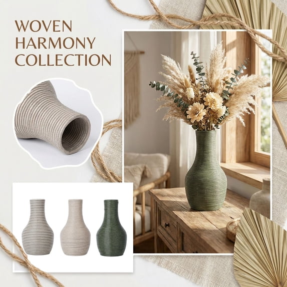 Woven Vase Farmhouse Decor, Textured Ceramic Accent with Round Belly Shape for Dried Flowers Pampas Grass, Rustic Touch For Living Room Coffee Table Entryway Shelf Centerpiece Green