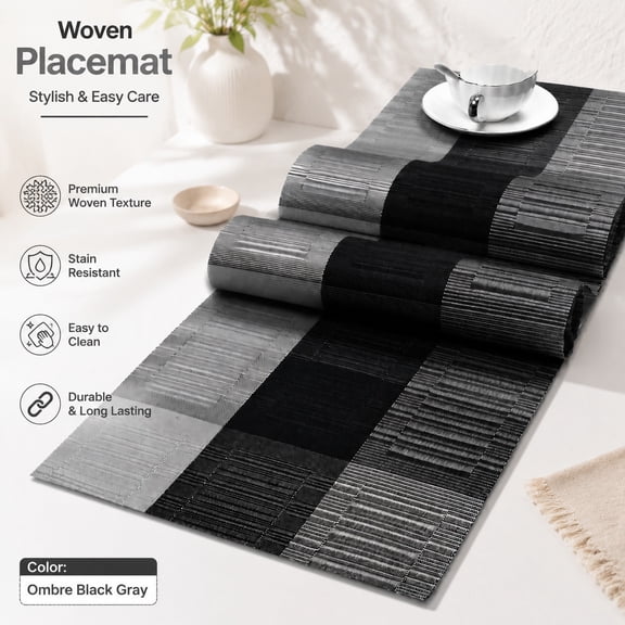 Woven Vinyl Table Runner PVC Reversible Plastic Weave Tabletop Counter Decor Mats 12 x 36 Inch Ombre Black and Gray