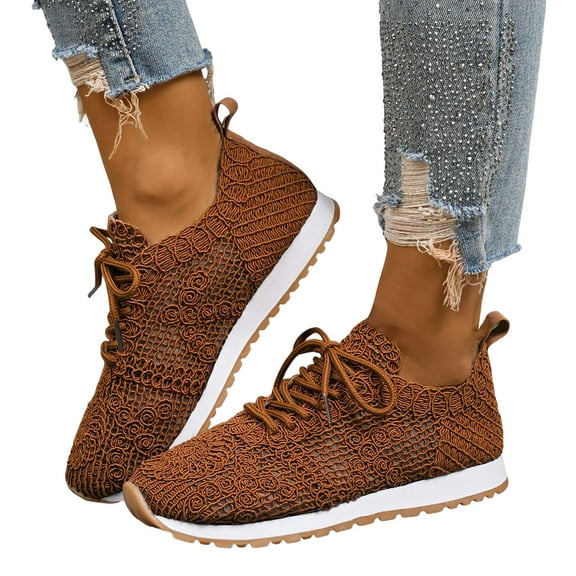 Woven Walking Shoes for Women 2025 Breathable Vintage Lace up Fashion Sneakers Casual Mesh Golf Flats