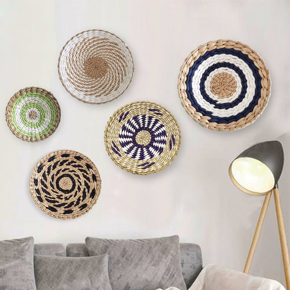Woven Wall Basket Decor, Hanging Natural Wicker Seagrass Flat Baskets, Round Boho Wall Basket