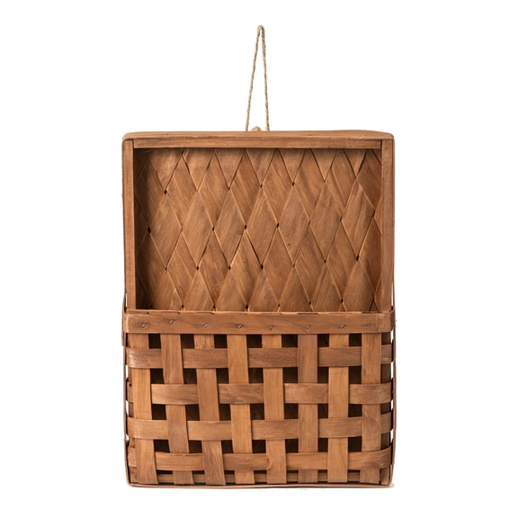 Woven Wall Basket, Wooden Hanging Organizer - Rectangular Wall Mount Storage Box with Rope for Home, Office, Bathroom