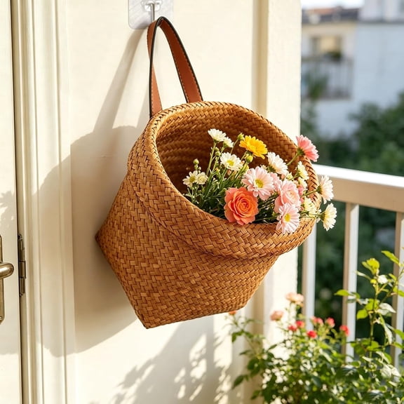 Woven Wall Hanging Basket 7x7x5in Beige - Handmade Storage with Leather Strap for Kitchen Bathroom Home Decor