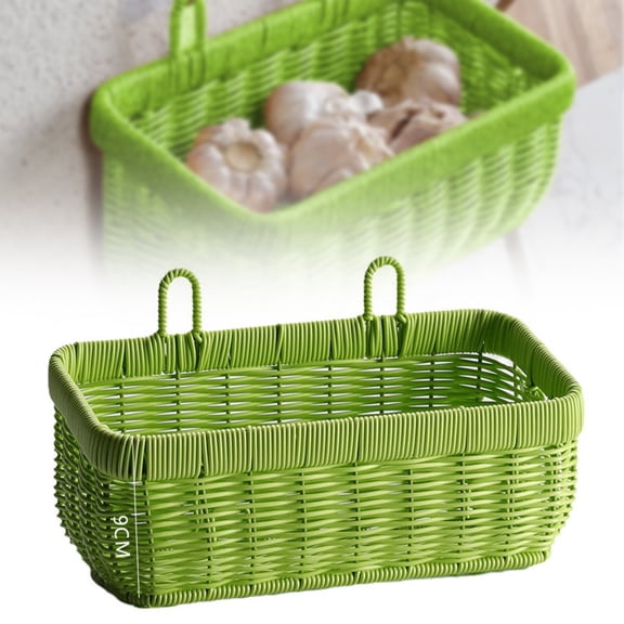 Woven Wall Hanging Storage Basket, Plastic Wicker Vegetable Garlic Onion Organizer, Breathable Kitchen Wall Mount Produce Bin for Pantry, Farmhouse