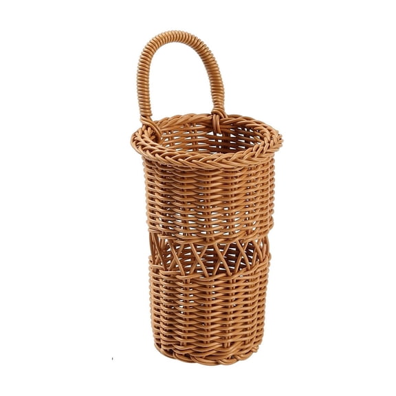 Woven Wall Mounted Utensil Holder, Rattan Style Cutlery Caddy with Faux Flowers, Decorative Hanging Basket for Kitchen Tools, Chopsticks, and Toothbrushes, Rustic Home Organizer Gift