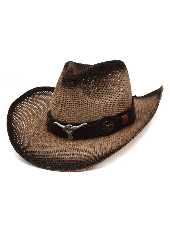 Woven Western Cowboy Hat with Bull Head Belt Buckle, Unisex Gradient Sun Cap, Retro Riding Headwear