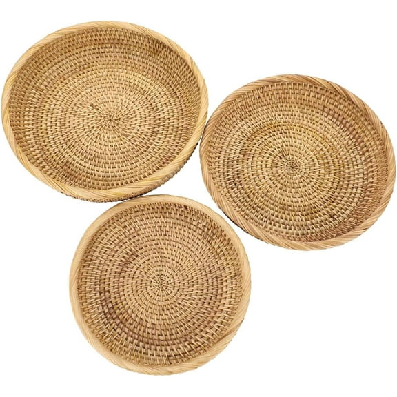 Woven Wicker Basket, Round Entryway Organizer Tray for Keys Wallet Cell Phone Snacks, Handmade Rattan Catchall for Coffee Table Dresser