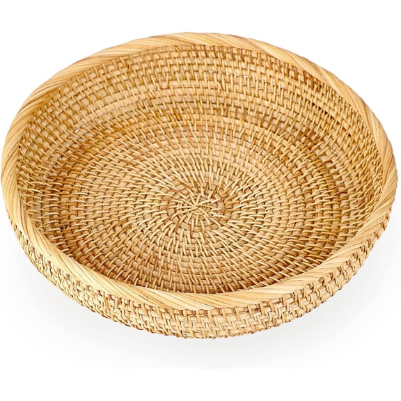 Woven Wicker Basket, Round Entryway Organizer Tray for Keys Wallet Cell Phone Snacks, Handmade Rattan Catchall for Coffee Table Dresser