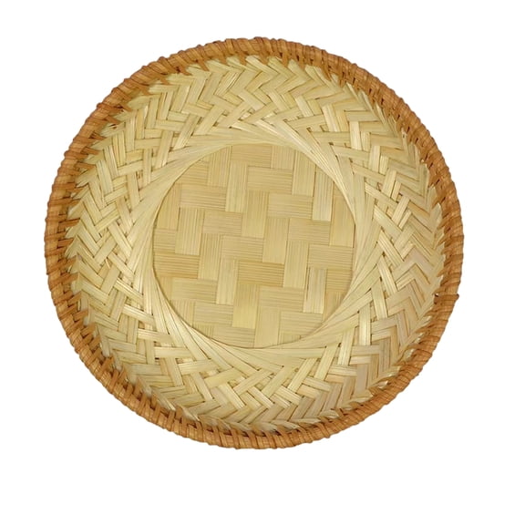 Woven Wicker Basket, Round Entryway Organizer Tray for Keys Wallet Cell Phone Snacks, Handmade Rattan Catchall for Coffee Table Dresser
