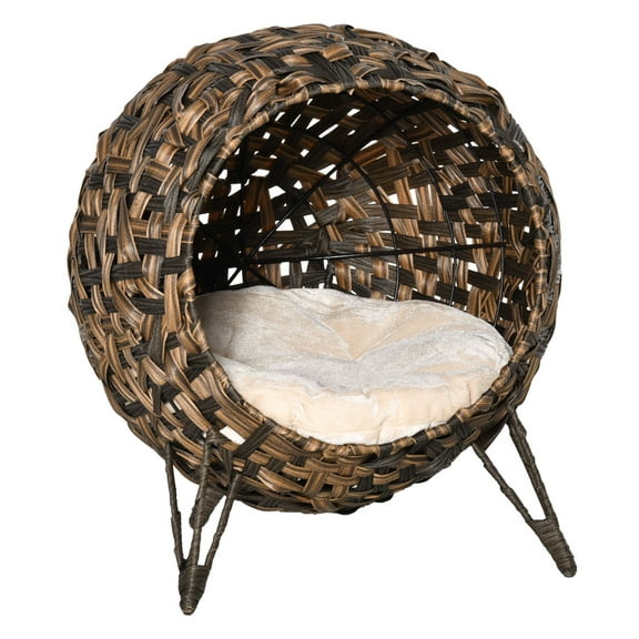 Woven Wicker Cat Bed, Elevated Rattan Cat House with Cushion - Banana Leaf Kitten Condo, Brown, Up to 11 lbs