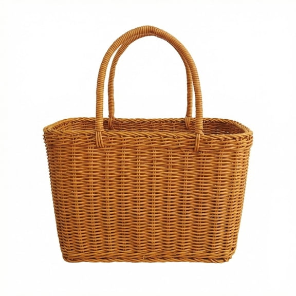 Woven Wicker Picnic Basket, Handmade Rectangular Storage Bin with Handle for Fruit Grocery Shopping and Outdoor Parties, Natural Rattan Style Bag, 14x8x14in