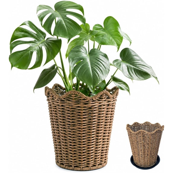 Woven Wicker Planter Basket with Base, 8.6'' Rustic Farmhouse Decorative Rattan Plant Pot, Boho Flower Holder for Indoor Outdoor Patio Home Decor