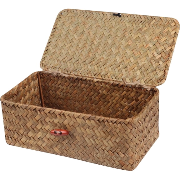 Woven Wicker Storage Basket Bin with Lid, Hand-Woven Desktop Basket,Small Home Storage Organizer Container, Rectangular Bathroom Storage Organiser Box,Multipurpose Storage Basket (Medium)