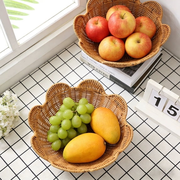 Woven Wicker Storage Basket Bowl With Wavy Edges 12.2 Inch Round Decorative Countertop Organizer For Bread Snacks Fruits And Keys