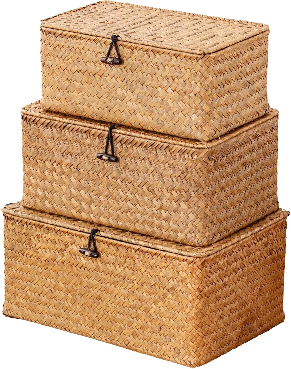 Woven Wicker Storage Bins with Lid, Seagrass Basket for Shelf Organizer, Extra Large, Set of 3