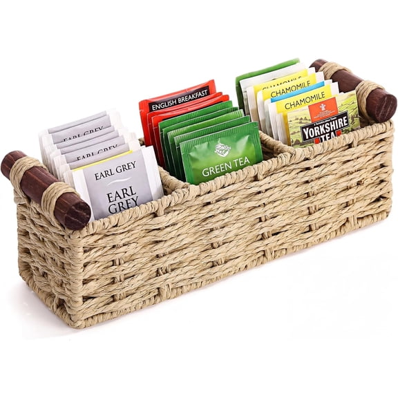 Woven Wicker Tea Bag Organizer, 3 Compartment Handwoven Tea Bag Holder Container with Wood Handle Decorative Paper Rope Sugar Packet Basket for Coffee Bar Countertop Kitchen Office(Original)