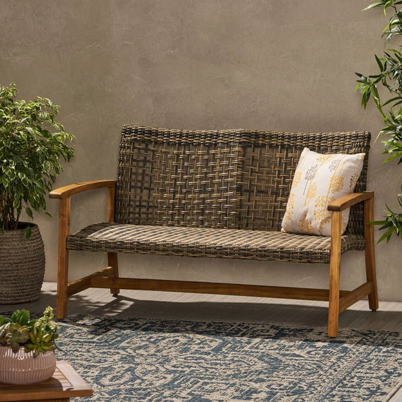 Woven Wicker and Acacia Loveseat / Easy Assembly for Quick Setup