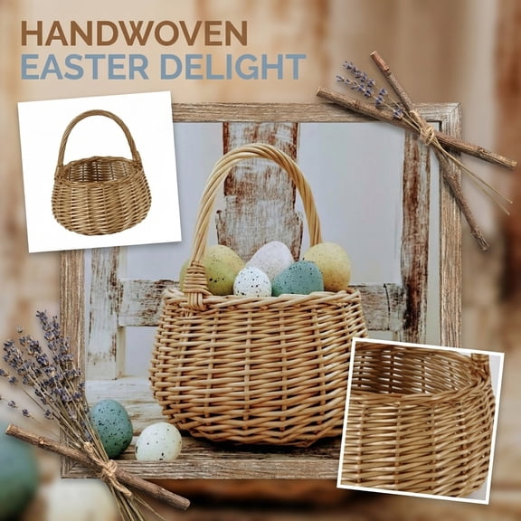 Woven Willow Gift Basket with Handle, Decorative Boho Wedding Flower Basket for Party, Handcrafted Rattan Style Cosmetic Organizer with Texture, Minimalist Country Style Tabletop Catchall Holder