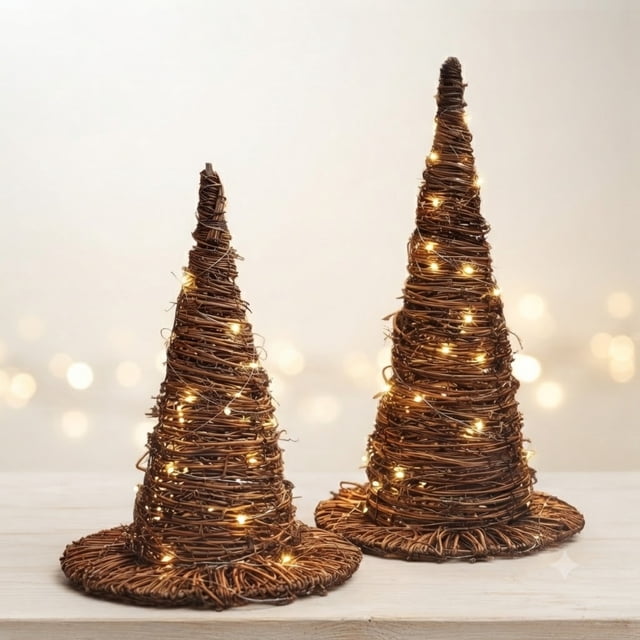 Woven Witch Hat Halloween Decoration Set of 2, Lighted Handwoven Witch ...