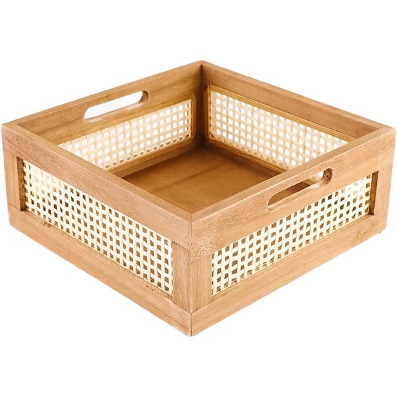 Woven Wooden Basket Wood Storage Crate Box, Bamboo Basket with Built-In Handles for Kitchen Pantry, Cabinet, Office, Bedroom, Rustic Country Decor (Brown)