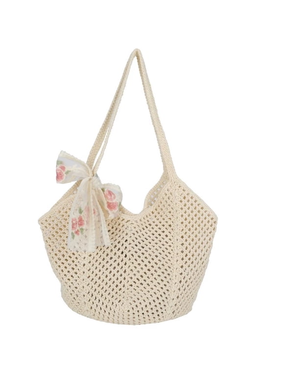 Woven beach bag Women Tote Bag Foldable Shoulder Handbag Casual Straw Purse for Beach Vacation Travel Pool Daily Use,Cotton thread woven bag Beige