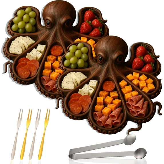 WovenWink 11" Octopus Charcuterie Platter – Gift for Seafood Lovers, Unique Octopus Design Wood Serving Tray, Personalized Charcuterie Boards Gift Set, Novelty Platter, Fun Gift for Beach Lovers