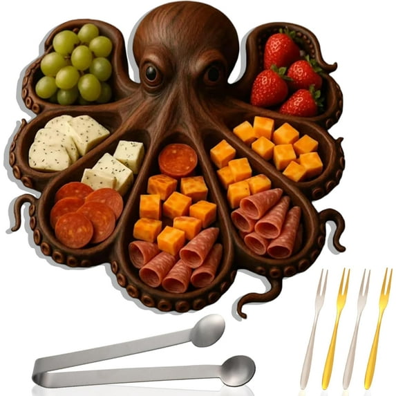 WovenWink 11" Octopus Charcuterie Platter – Gift for Seafood Lovers, Unique Octopus Design Wood Serving Tray, Personalized Charcuterie Boards Gift Set, Novelty Platter, Fun Gift for Beach Lovers