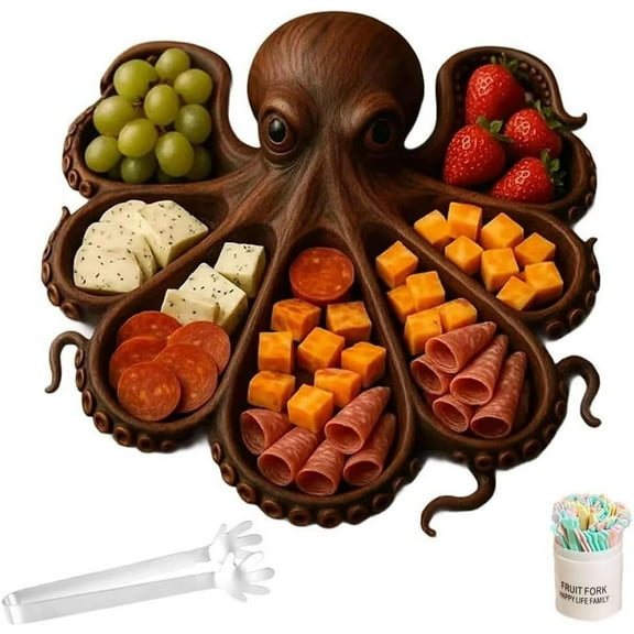 WovenWink 11" Octopus Charcuterie Platter – Gifts for Seafood Lovers, Ocean Themed Party Food Tray, Unique Funny Nautical Kraken Design Serving Board for Cheese Bread Meats Fruits Seafood Snack