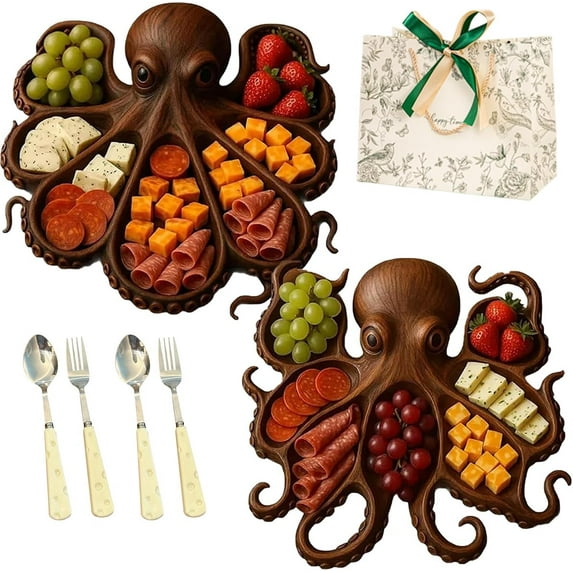 WovenWink Octopus Charcuterie Platter – Gift for Seafood Lovers, Unique Octopus Fruit Plate, Octopu Design Wood Serving Tray, Personalized Charcuterie Boards for Meats & Fruit for Seafood Lovers