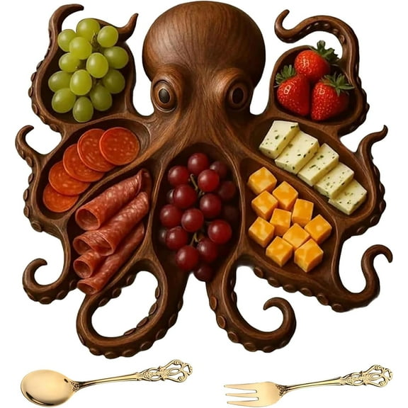 WovenWink Octopus Charcuterie Platter, Nautical Serving Tray for Cheese, Meats, Fruits & Seafood, Kraken Design Wood Serving Tray with 8 Tentacle, Unique Gift for Seafood Lovers & Entertainers