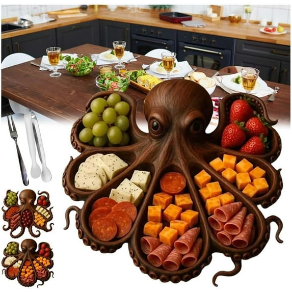 WovenWink Octopus Charcuterie Platter, Nautical Wood Serving Tray for Cheese,Octopus/Kraken Design Wood Serving Tray,Meats & Fruit,Ocean Theme Home Kitchen Party Board Decoration