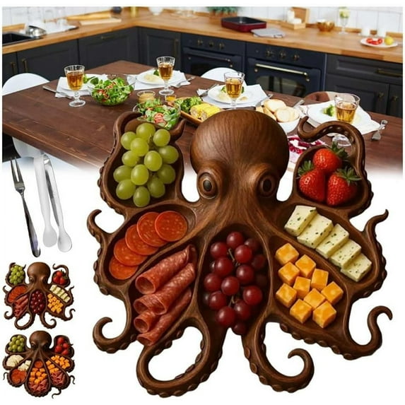 WovenWink Octopus Charcuterie Platter, Nautical Wood Serving Tray for Cheese,Octopus/Kraken Design Wood Serving Tray,Meats & Fruit,Ocean Theme Home Kitchen Party Board Decoration