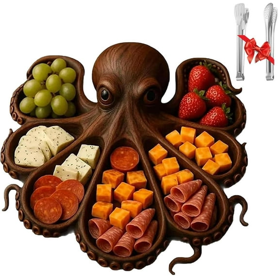 WovenWink Octopus Charcuterie Platter,Octopus Kraken Design Party Board for Cheese Meats & Fruit, Ocean Themed Wood Serving Tray, Nautical Serving Gift for Seafood Lovers Kitchen Home Decor
