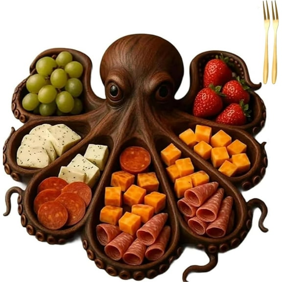 WovenWink Octopus Charcuterie Platter, Octopus/Kraken Design Wood Serving Tray, Ocean Theme Party Board with 8 Tentacle Design, Ocean Theme Party Octopus Bread Board, Gift for Seafood Lovers
