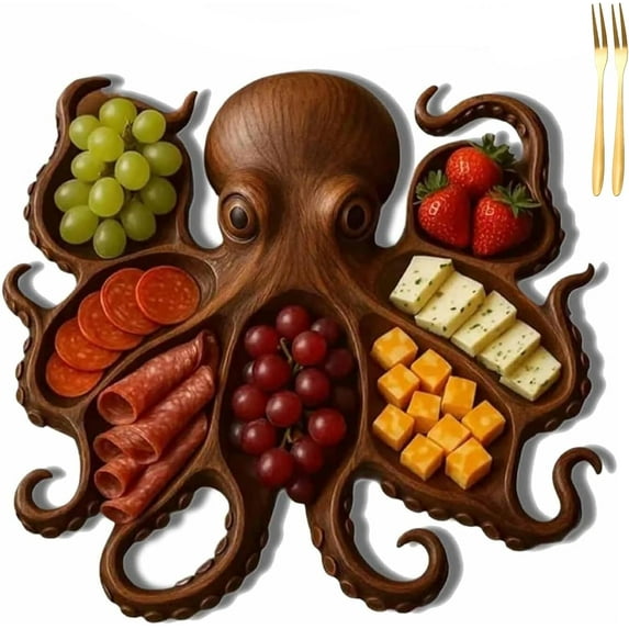 WovenWink Octopus Charcuterie Platter, Octopus/Kraken Design Wood Serving Tray, Ocean Theme Party Board with 8 Tentacle Design, Ocean Theme Party Octopus Bread Board, Gift for Seafood Lovers