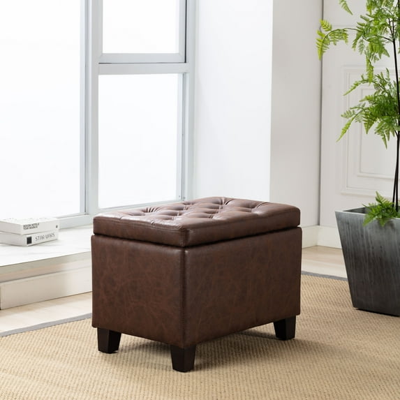 Wovenbyrd 24" Tufted Storage Ottoman, Hinged Lid, Faux Leather - Dark Brown