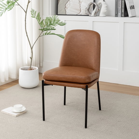 Wovenbyrd Bentley Modern Dining Chair, Curved Back, Metal Frame, Indoor - Camel Brown Faux Leather