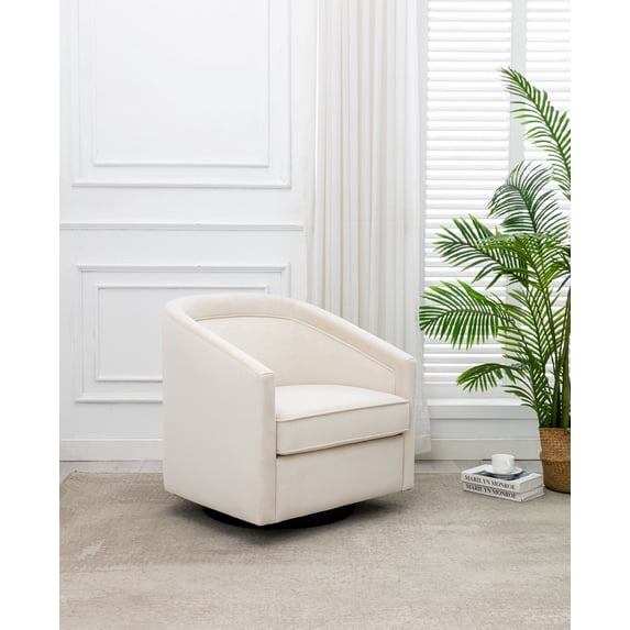 Wovenbyrd Caitlyn Classic Barrel Swivel Chair, Wood and Metal Frame - Cream