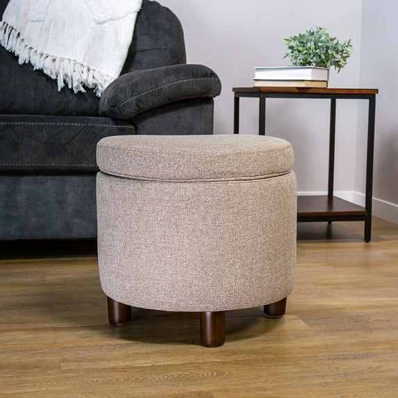 Wovenbyrd Callister Round Storage Ottoman with Lift-Off Lid, Light Brown Fabric Upholstery