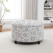Wovenbyrd Classic 28-Inch Wide Button Tufted Round Storage Ottoman Footstool with Lift Off Lid, Pebble Brown Floral Fabric