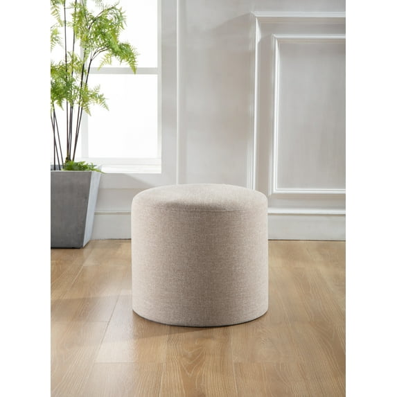 Wovenbyrd Hampton 19" Round Pouf, Beige Foam, Nailhead Trim, Indoor - Tan