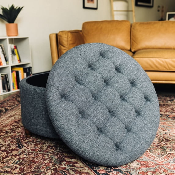 Wovenbyrd Large Round Pintucked Storage Ottoman, Lift-Off Lid - Blue Polyester