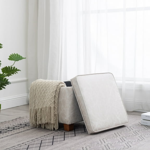 Wovenbyrd Large Square Storage Ottoman with Piping and Lift-Off Lid - White Faux Leather