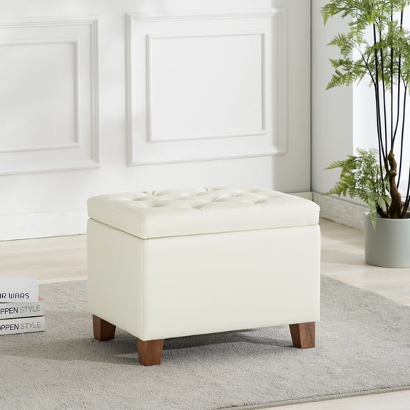 Wovenbyrd Lawrence 24" Tufted Storage Ottoman, Hinged Lid, Walnut Stained Legs - Cream Faux Leather