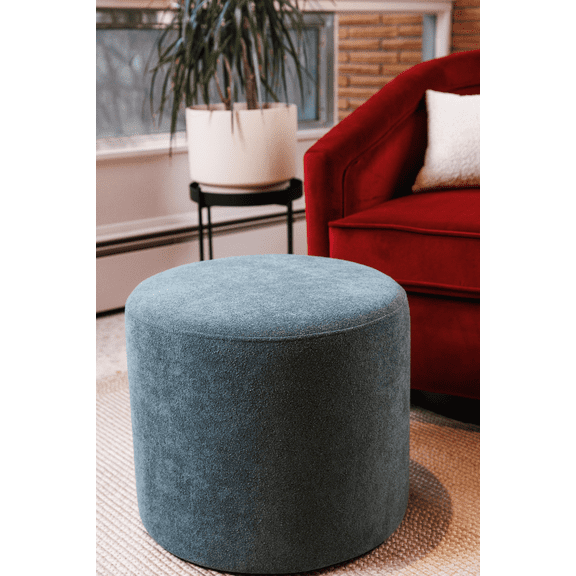Wovenbyrd Round Pouf Ottoman with Foam Core Charcoal Wool Casual Boucle