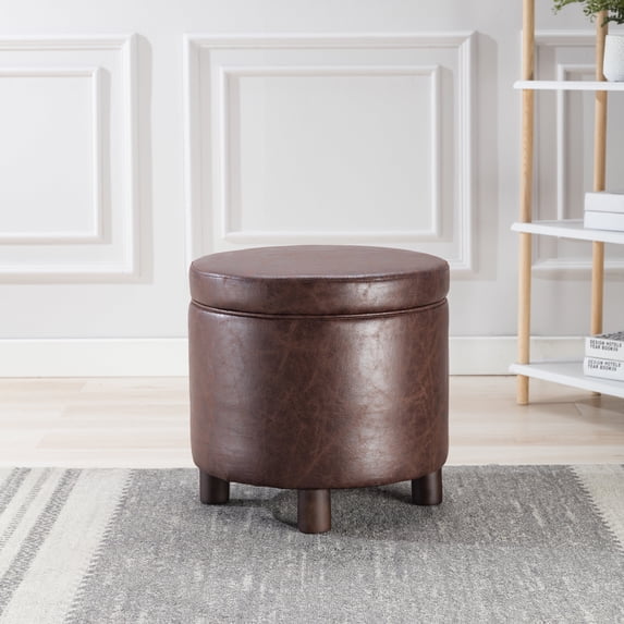 Wovenbyrd Round Storage Ottoman with Lift Off Lid, Faux Leather - Chocolate Brown