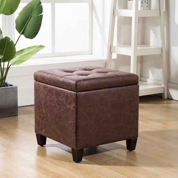 Wovenbyrd Square Button Tufted Storage Ottoman with Lift-Off Lid - Brown