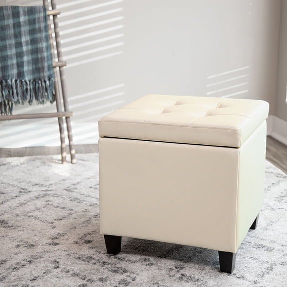 Wovenbyrd Square Button Tufted Storage Ottoman with Lift-Off Lid - Cream