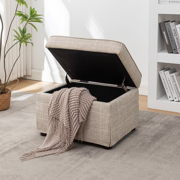 Wovenbyrd Woodcrest 24" Wide Rectangle Storage Ottoman, Wood Legs - Brown Windowpane Plaid