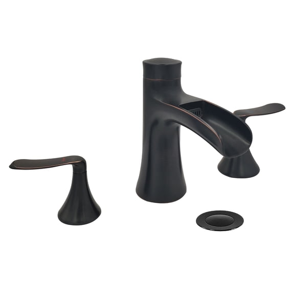 Wovier Oil Rubbed Bronze 8-16 Inch Widespread Waterfall Spout Bathroom Sink Faucet with Supply Hoses,Two Handle Three Hole Lavatory Faucet,Basin Mixer Taps with Pop Up Drain,Black