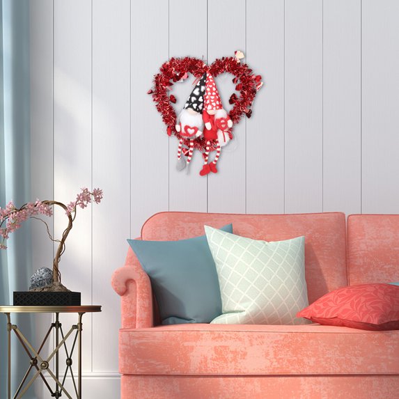 Wovilon 13.7" Heart Shape Valentine Wreath with Gnomes, Valentines Front Door Wreath, Hanging Wreath for Front Door, Valentines Day Decor with Faceless Doll for Home Wall Decor
